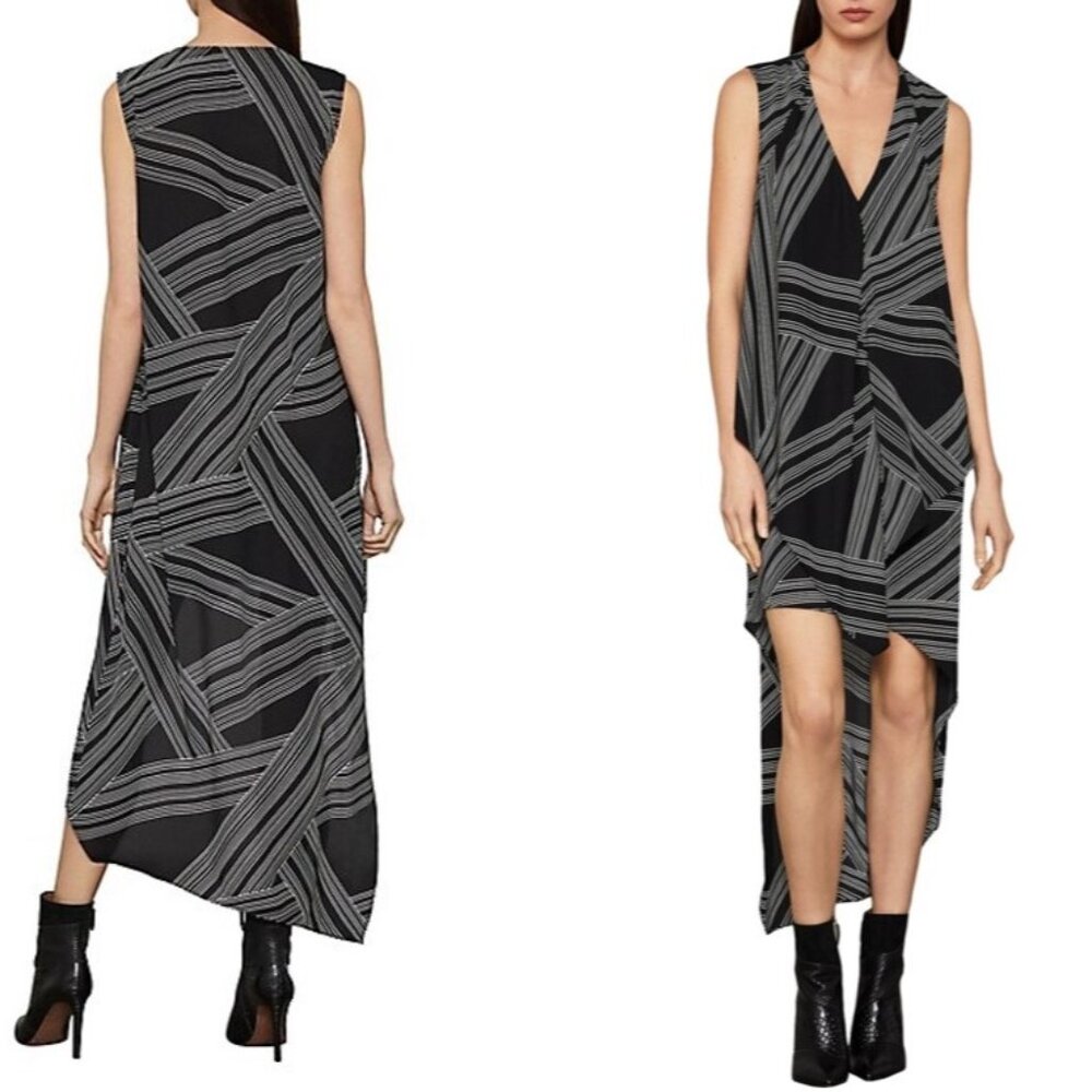 *NWT* BCBGMaxAzria "Tara" Cascade High-Low Dress - Black with White Stripes XXS